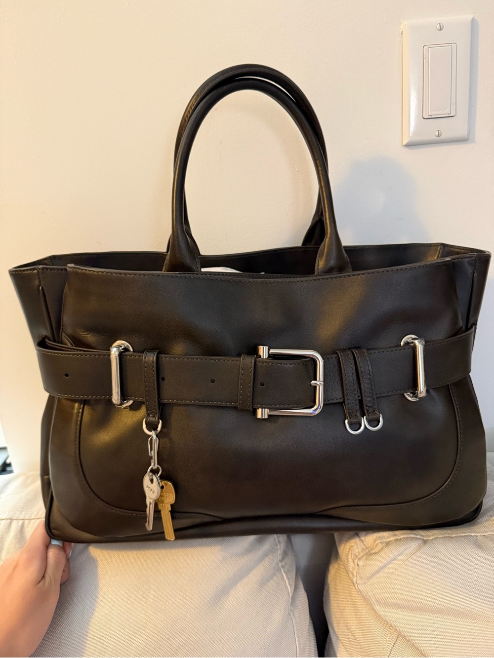 Structured Black Leather Shoulder Bag with Belt Detail